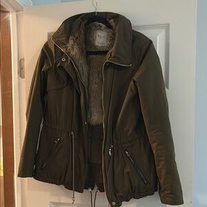 Zara Olive Utility Jacket with Faux Fur